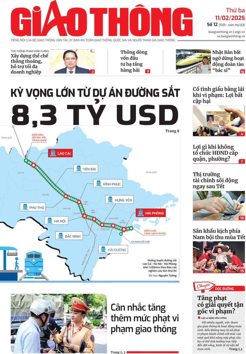 Giao Thong اخبار نمبر 12 کا صفحہ اول 11 فروری 2025 کو شائع ہوا۔ Trang nhất Báo Giao thông số 12 ra ngày 11/2/2025.